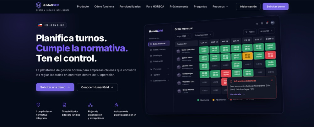 Pantalla de HumanGrid con la grilla mensual de turnos y una infracción detectada